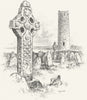 SHANNON. round Tower crosses Clonmacnois 1888 old antique print picture