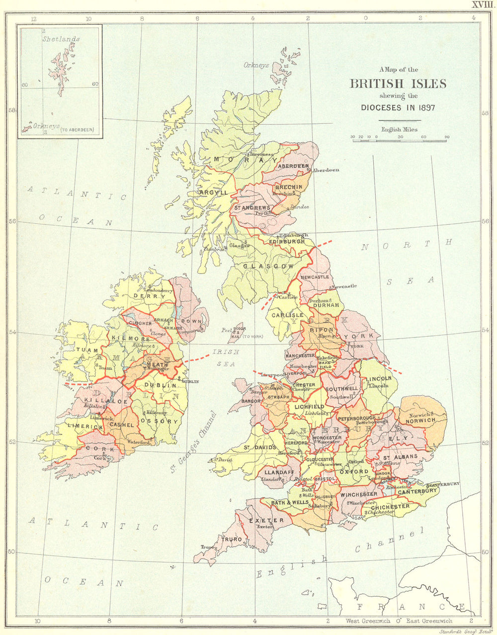 BRITISH ISLES DIOCESES IN 1897. Anglican Church Ecclesiastical. UK 1897 map