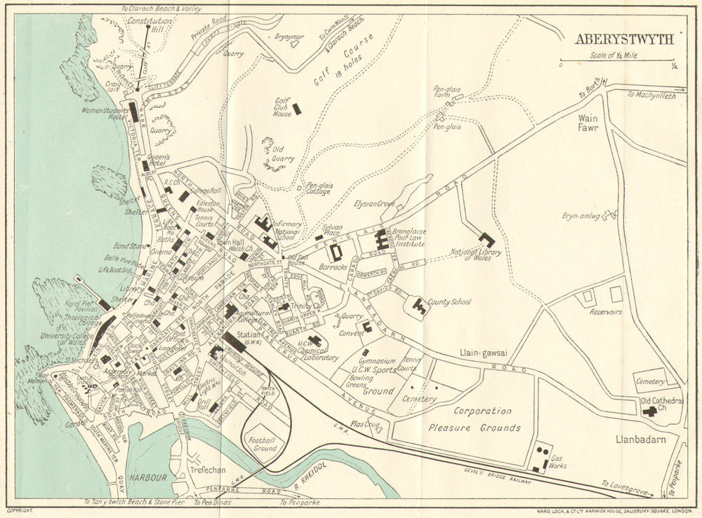 ABERYSTWYTH vintage town/city plan. Wales. WARD LOCK c1928 old vintage map