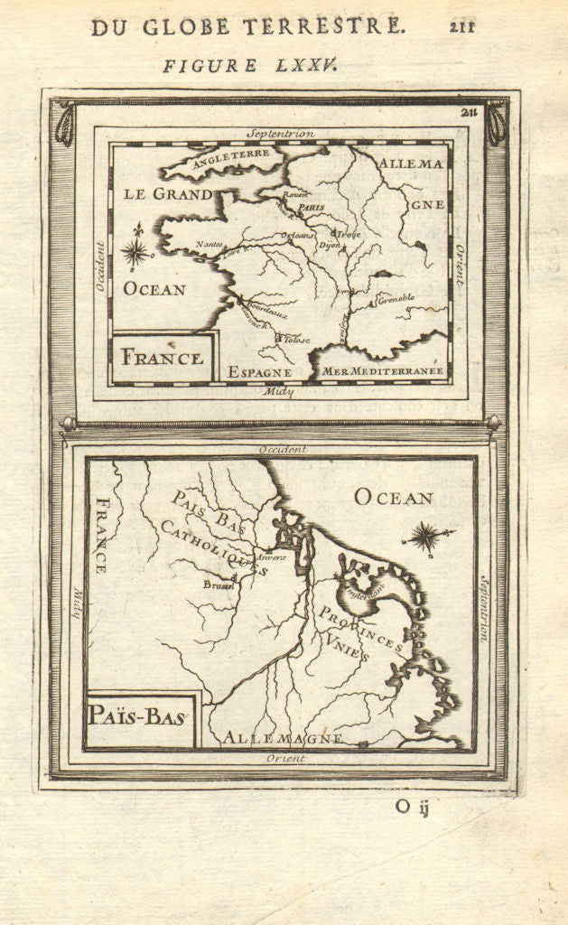 FRANCE & BENELUX. 'Païs-Bas' orientated west. MALLET 1683 old antique map