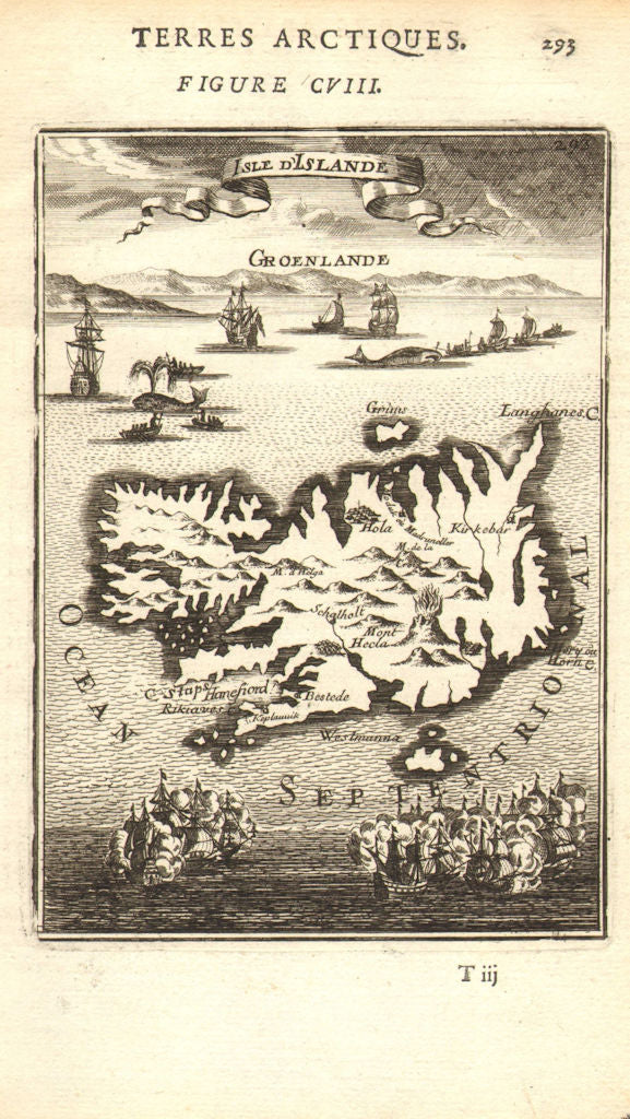 ICELAND. 'Isle d'Islande' Whaling ships vignettes Hekla volcano. MALLET 1683 map