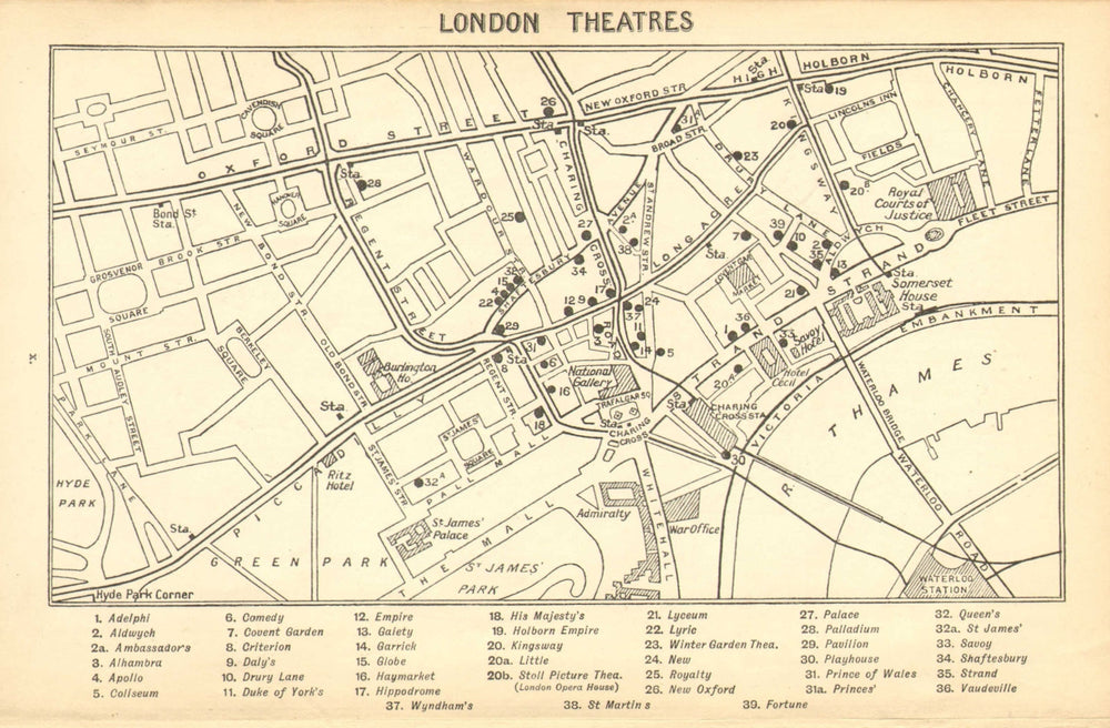 WEST END THEATRES. Covent Garden Shaftesbury Avenue &c  1925 old vintage map