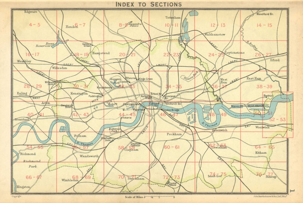 LONDON. Index map of London. Railways. BARTHOLOMEW 1925 old vintage chart