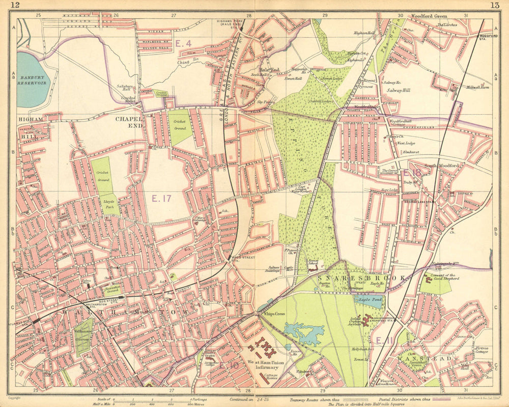 LONDON NE.Walthamstow Snaresbrook Wanstead Higham Hill Woodford Green 1925 map