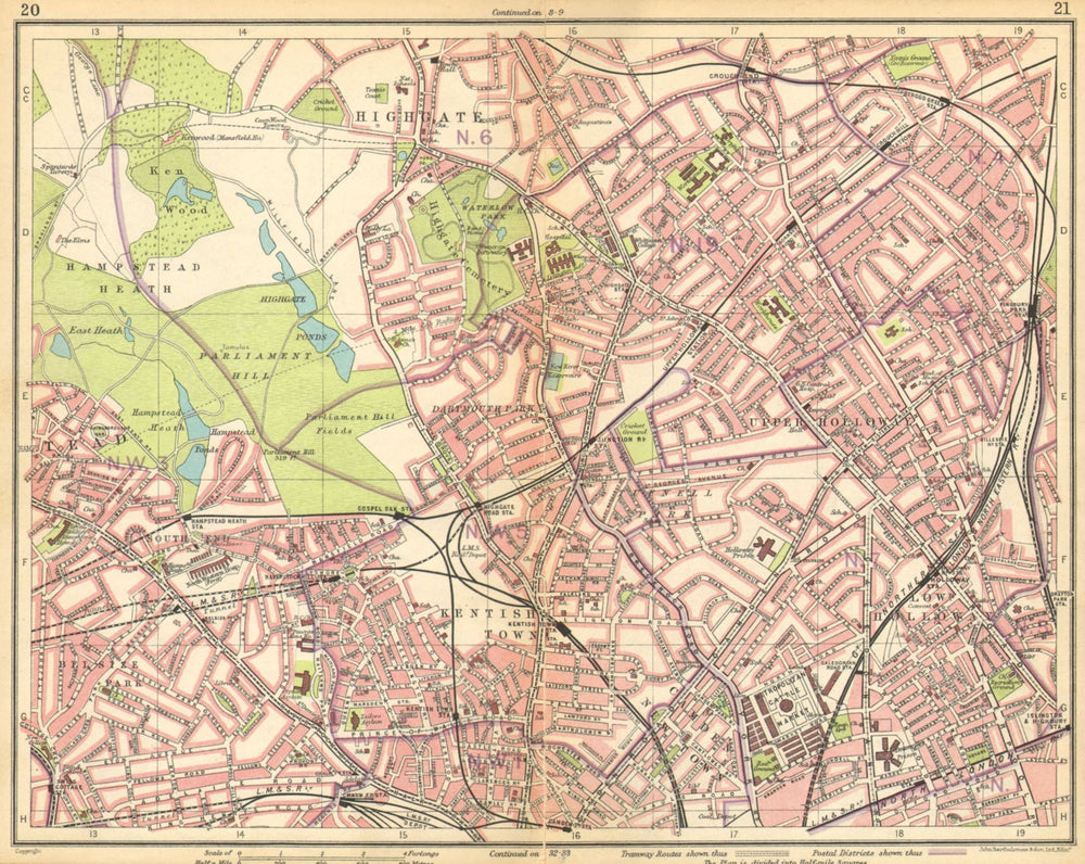 LONDON N.Hampstead Holloway Highgate Kentish Town Belsize Park Camden 1925 map