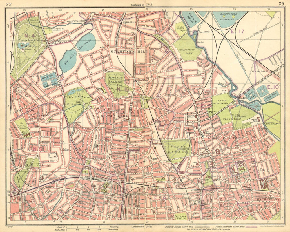LONDON N. Finsbury Park Clapton Highbury Stamford Hill Kingsland 1925 old map
