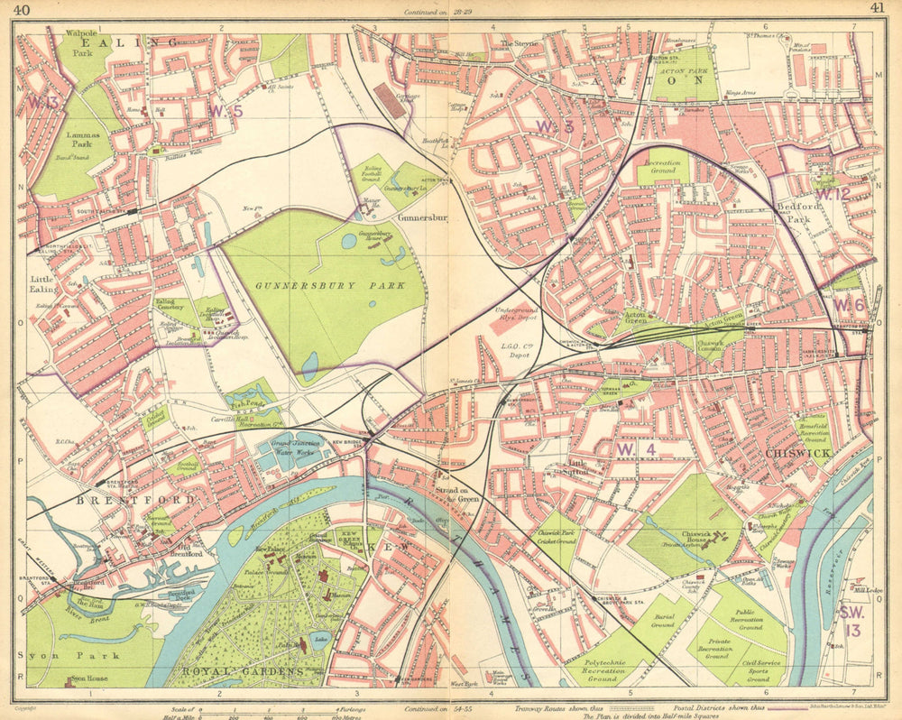 LONDON W.Ealing Brentford Acton Chiswick Bedford Park Kew Gunnersbury 1925 map
