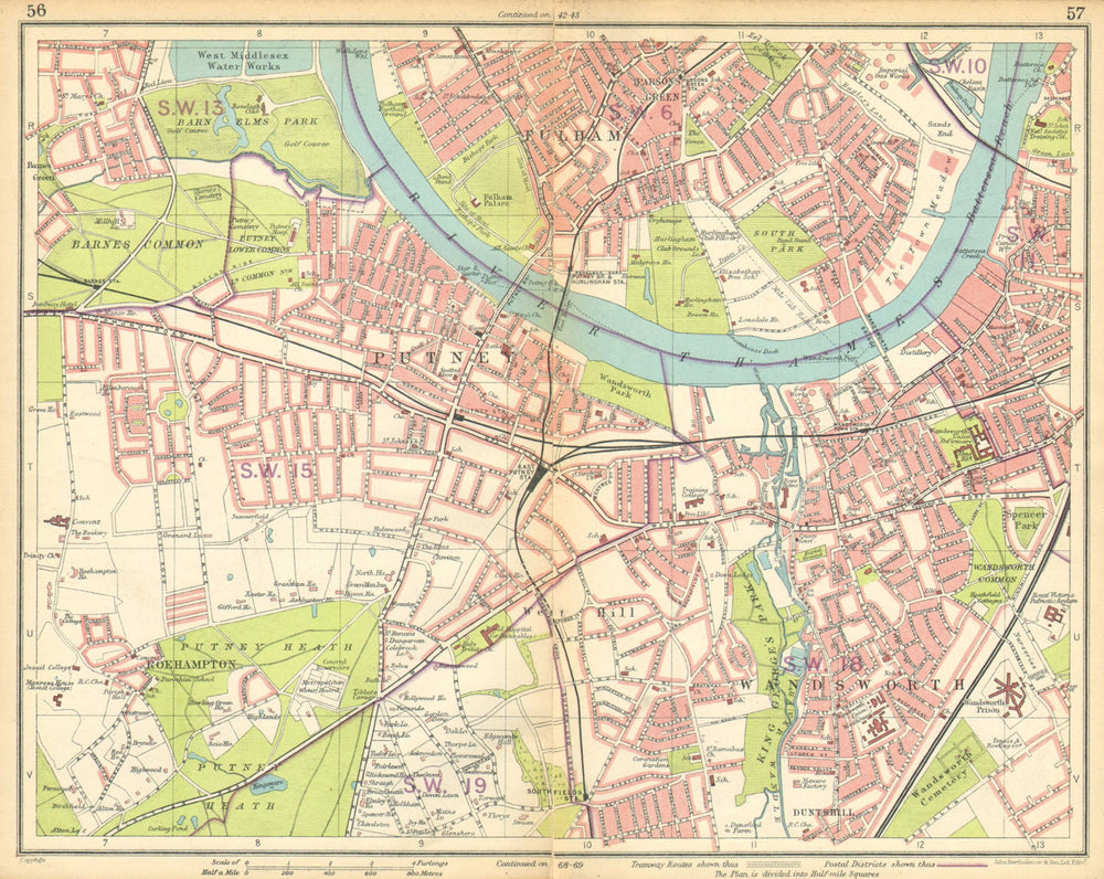 LONDON SW. Putney Wandsworth Fulham Barnes Parson's Green Roehampton 1925 map