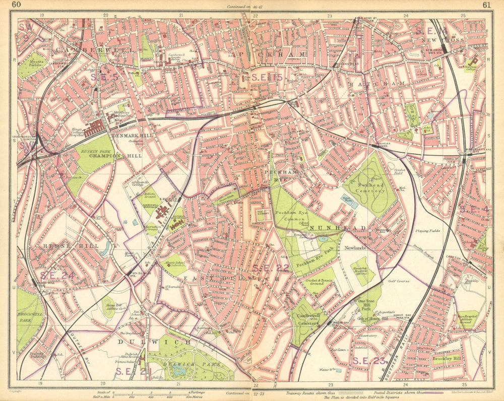 LONDON S.Camberwell Peckham Denmark/Herne Hill Dulwich New Cross Gate 1925 map