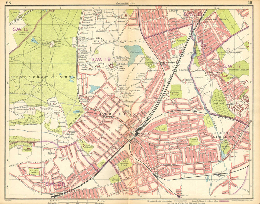 LONDON SW. Wimbledon Summerstown Southfields Wandsworth Merton 1925 old map
