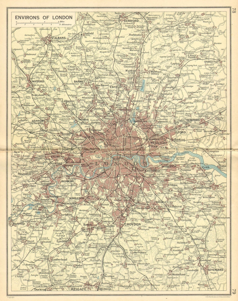 LONDON & HOME COUNTIES. Railways & roads. BARTHOLOMEW 1925 old vintage map