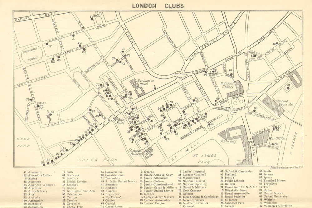LONDON GENTLEMENS CLUBS. St James's Mayfair Piccadilly Whitehall 1930 old map