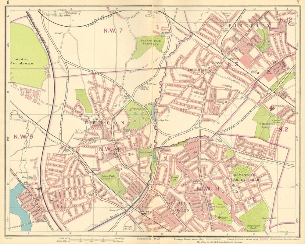 LONDON NW. Hendon Finchley Golder's Green Hampstead Garden Suburb 1930 map