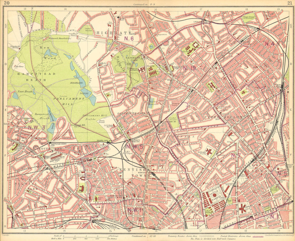 LONDON N.Hampstead Holloway Highgate Kentish Town Belsize Park Camden 1930 map
