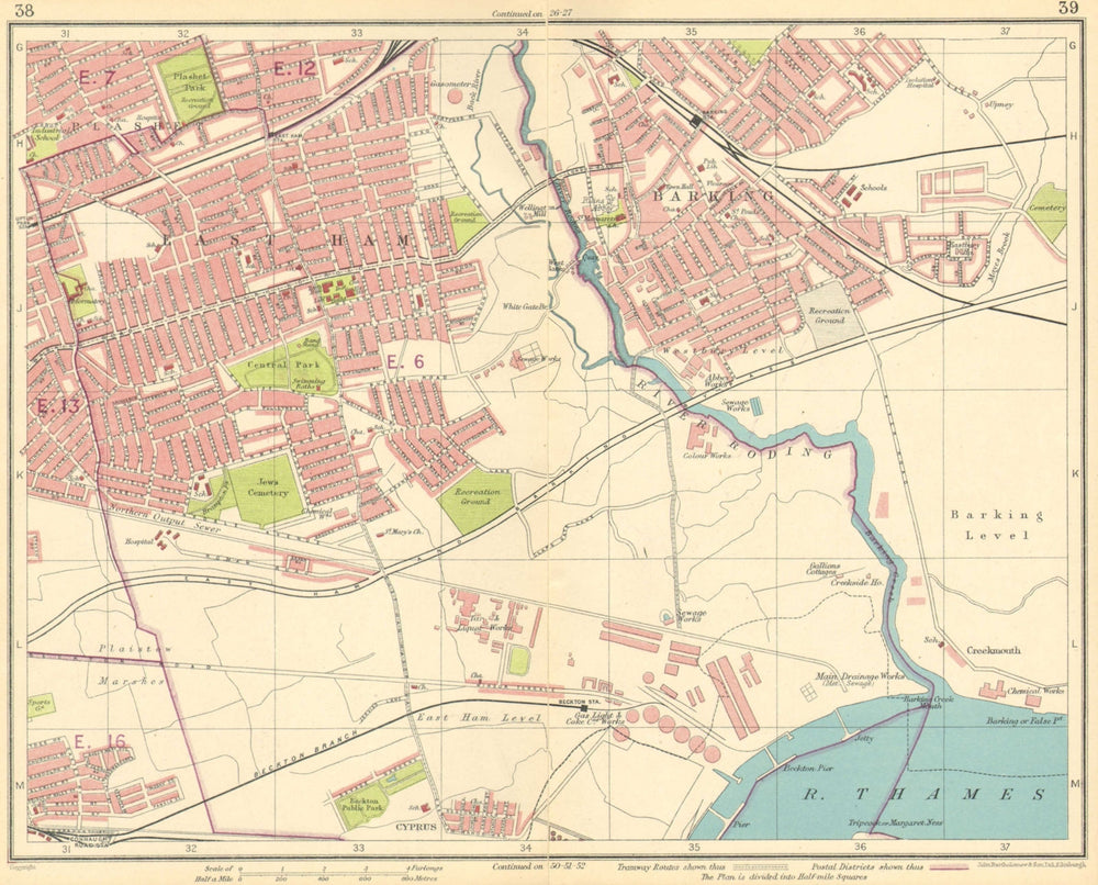 LONDON E. East Ham Barking Plaistow Beckton Cyprus Plashet Upton Park 1930 map