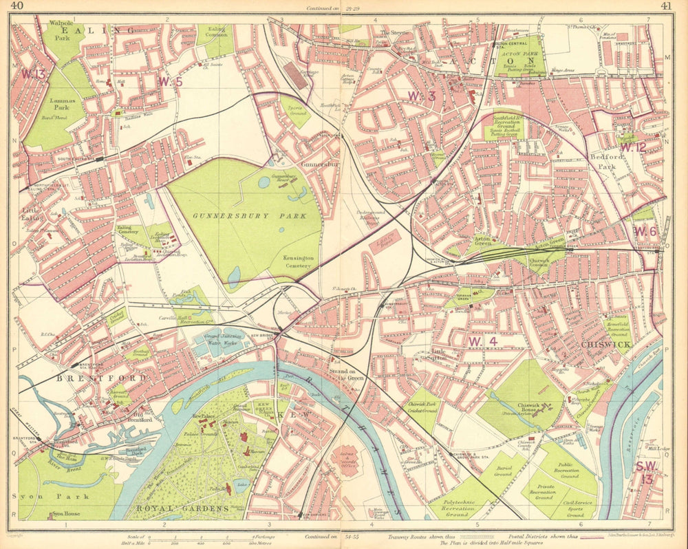LONDON W.Ealing Brentford Acton Chiswick Bedford Park Kew Gunnersbury 1930 map