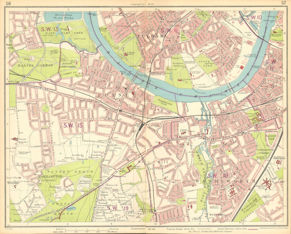 LONDON SW. Putney Wandsworth Fulham Barnes Parson's Green Roehampton 1930 map