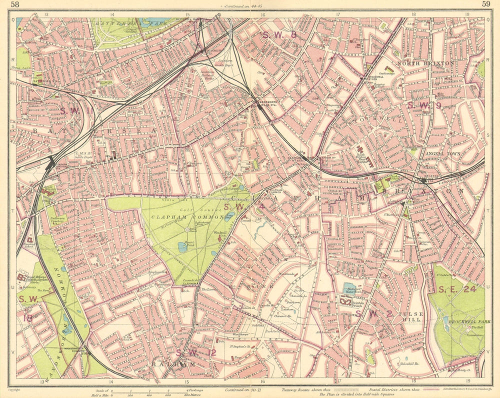 LONDON S.Battersea Clapham Stockwell Brixton Lambeth Tulse Hill 1930 old map