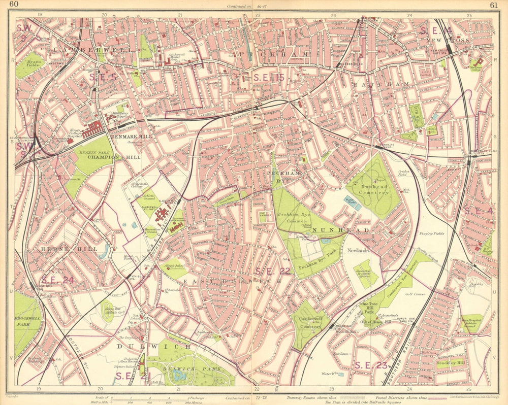LONDON S.Camberwell Peckham Denmark/Herne Hill Dulwich New Cross Gate 1930 map