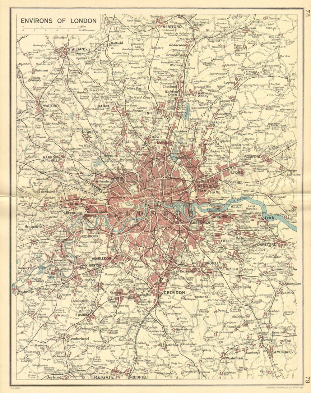 LONDON & HOME COUNTIES. Railways & roads. BARTHOLOMEW 1930 old vintage map