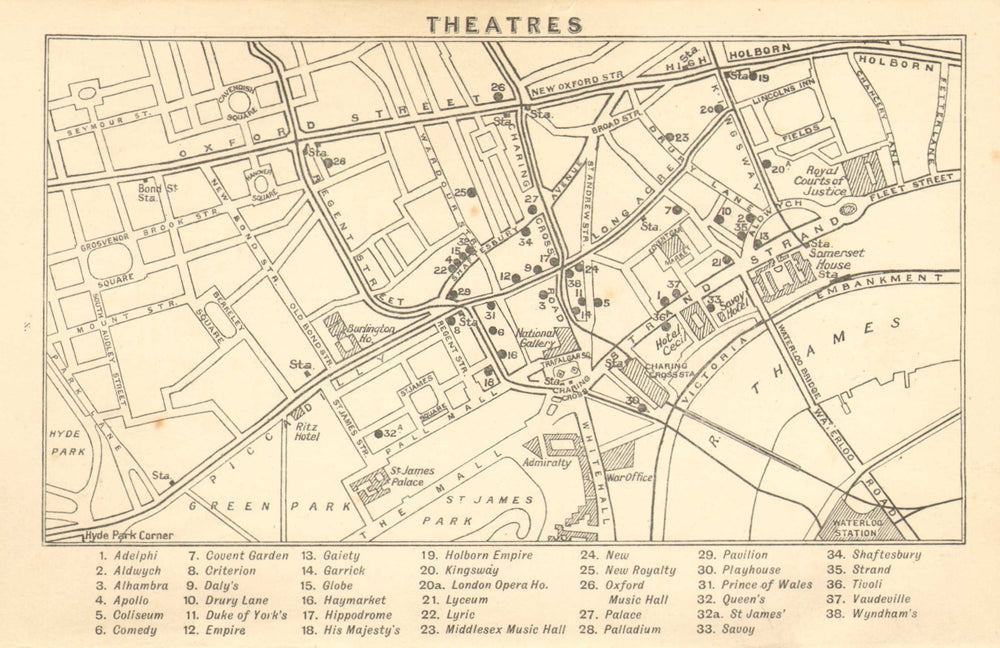WEST END THEATRES. Covent Garden Shaftesbury Avenue &c  1913 old antique map