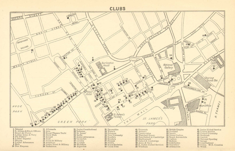 LONDON GENTLEMENS CLUBS. St James's Mayfair Piccadilly Whitehall 1921 old map
