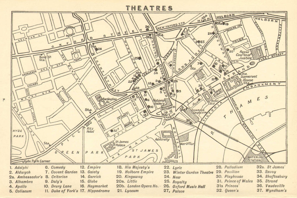 WEST END THEATRES. Covent Garden Shaftesbury Avenue &c  1921 old antique map