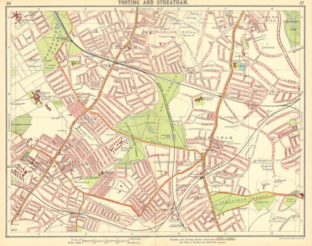 LONDON S. Upper Tooting  Graveney Streatham Balham Tulse Hill 1921 old map