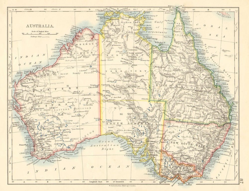 AUSTRALIA. States. Showing Northern Territory within SA. JOHNSTON 1899 old map