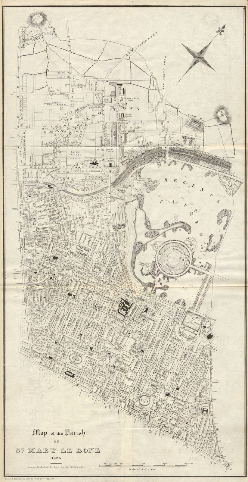 MARYLEBONE ST JOHN'S WOOD. "Parish of St Marylebone". Fitzrovia 1833 old map