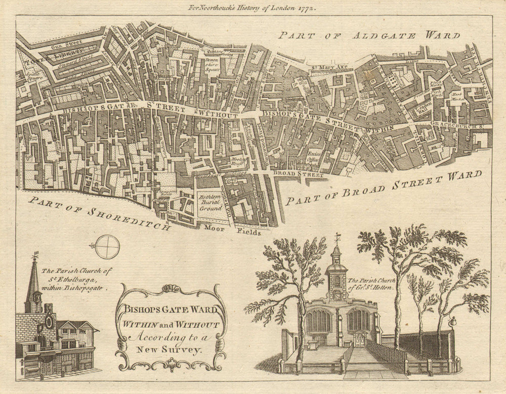 BISHOPSGATE WARD WITHIN & WITHOUT. City of London. BOWEN / NOORTHOUCK 1772 map