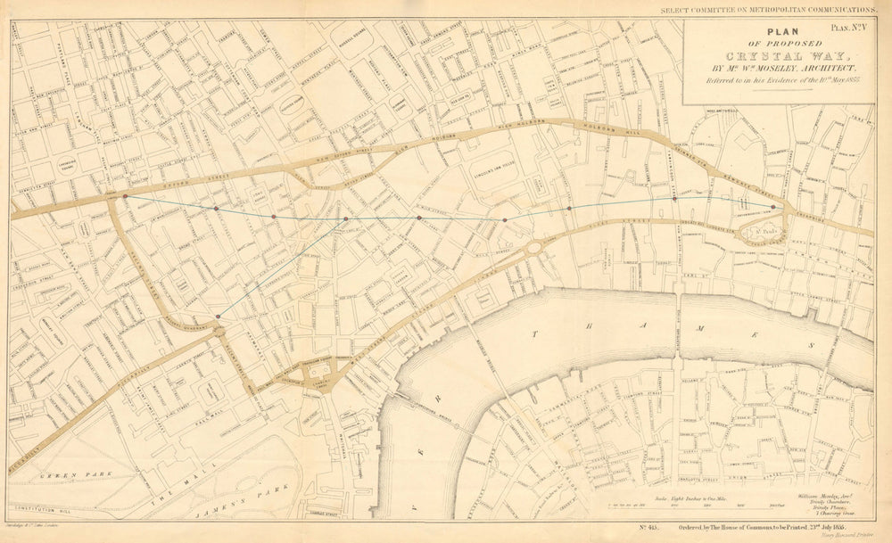 Proposed CRYSTAL WAY. Oxford Circus - Cheapside. WILLIAM MOSELEY 1855 old map
