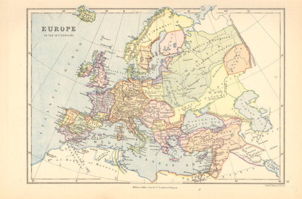 'Europe in the 12th Century'. BARTHOLOMEW 1876 old antique map plan chart