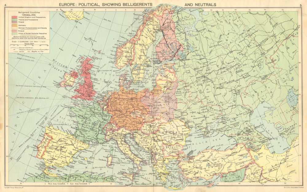 1940 EUROPE. WW2.Belligerents/Neutrals Occupied Poland/Finland Albania 1940 map