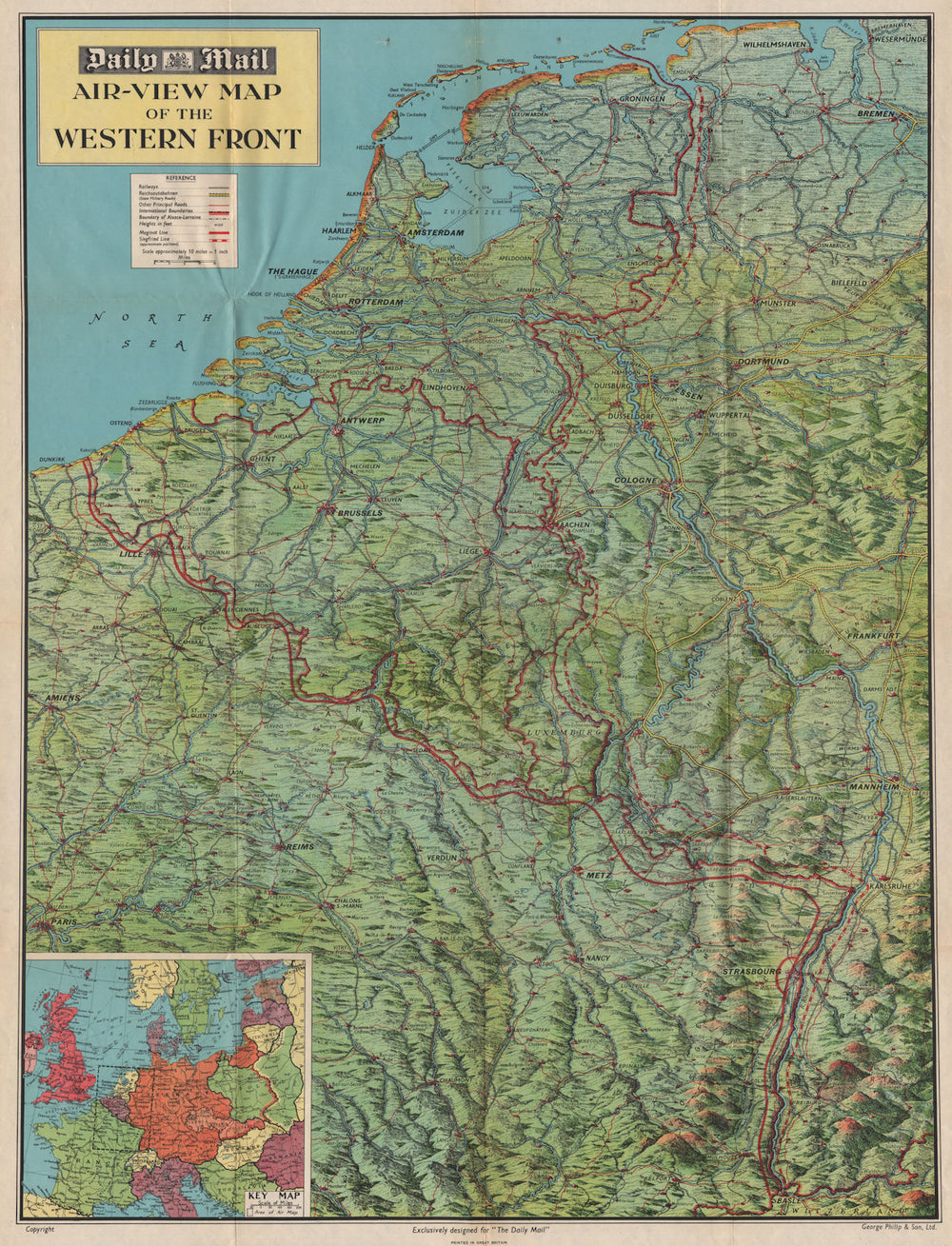 'WESTERN FRONT' 1940 bird's eye view before invasion of France.WW2 1940 map