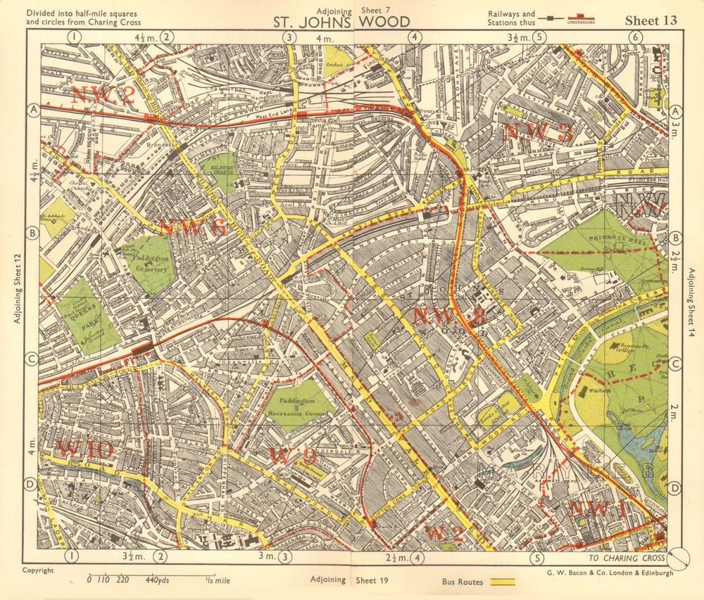 NW LONDON. St John's Wood Belsize Park Maida Vale Queens Park. BACON 1955 map