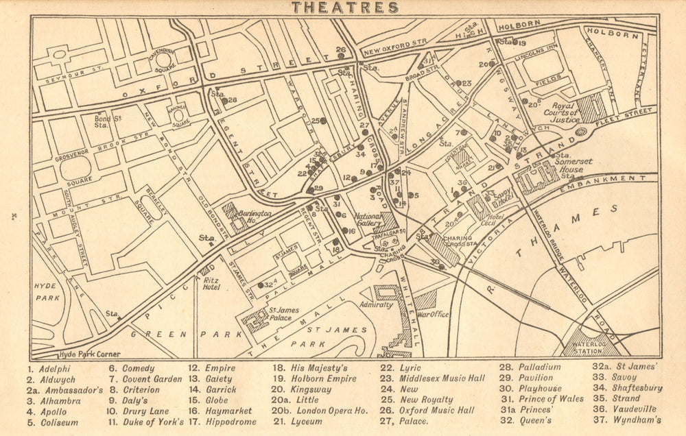 WEST END THEATRES. Covent Garden Shaftesbury Avenue &c  1917 old antique map