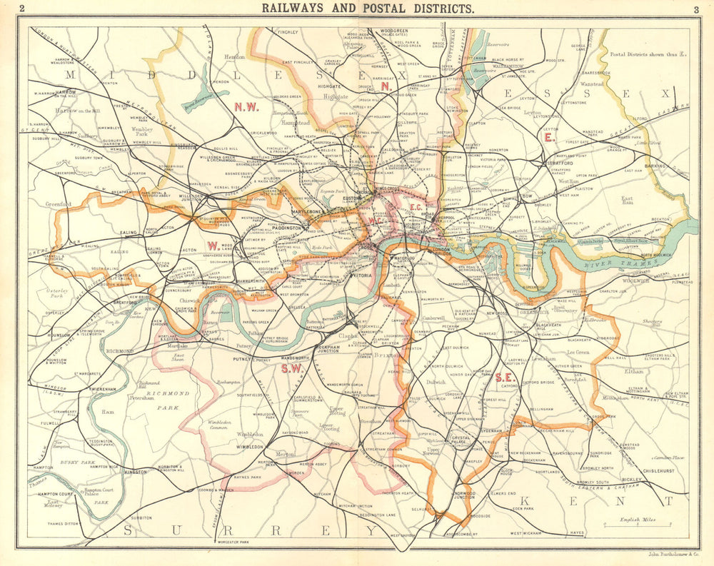 LONDON.Railways Postal Districts.Underground tube lines 1917 old antique map