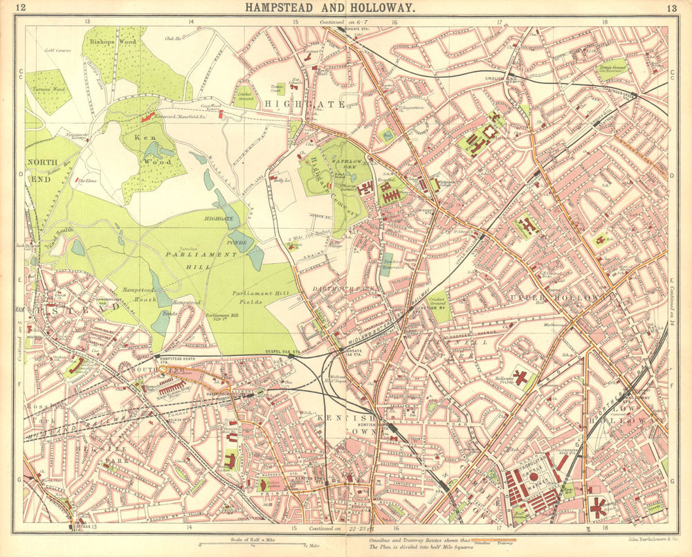 LONDON N.Hampstead Holloway Highgate Kentish Town Belsize Park Camden 1917 map