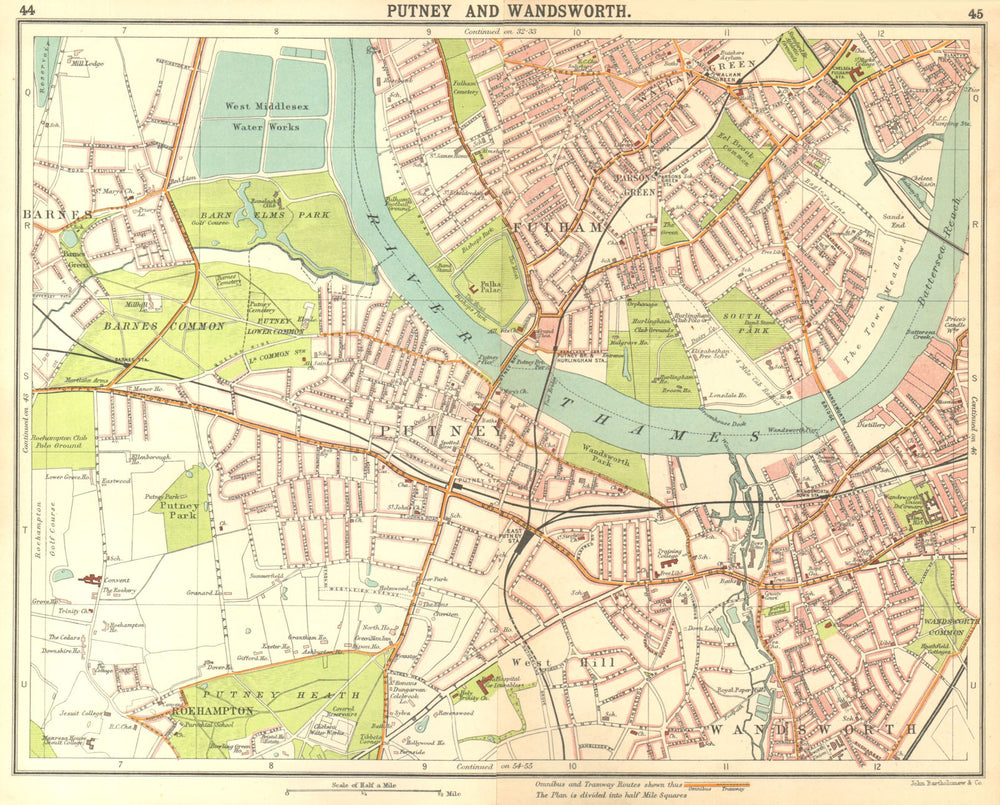 LONDON SW. Putney Wandsworth Fulham Barnes Parson's Green Roehampton 1917 map