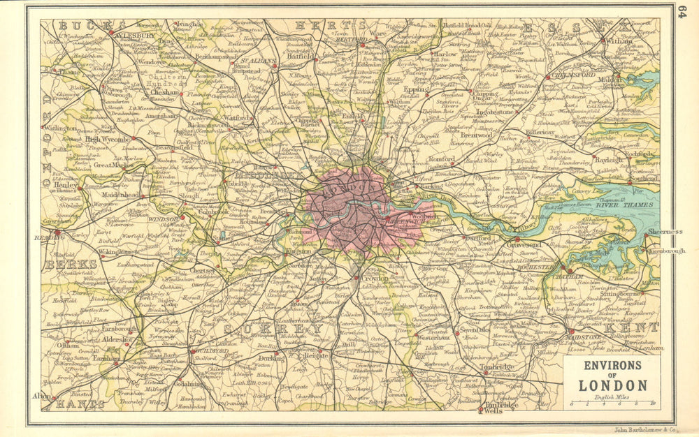 LONDON & HOME COUNTIES. Railways & roads. BARTHOLOMEW 1917 old antique map