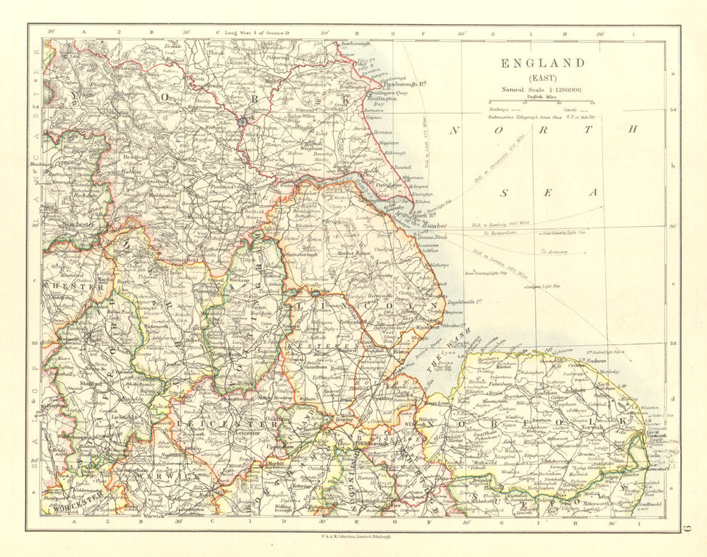 EAST ENGLAND. Lincs Norfolk Leics Notts Staffs Derbys Yorks.  JOHNSTON 1906 map
