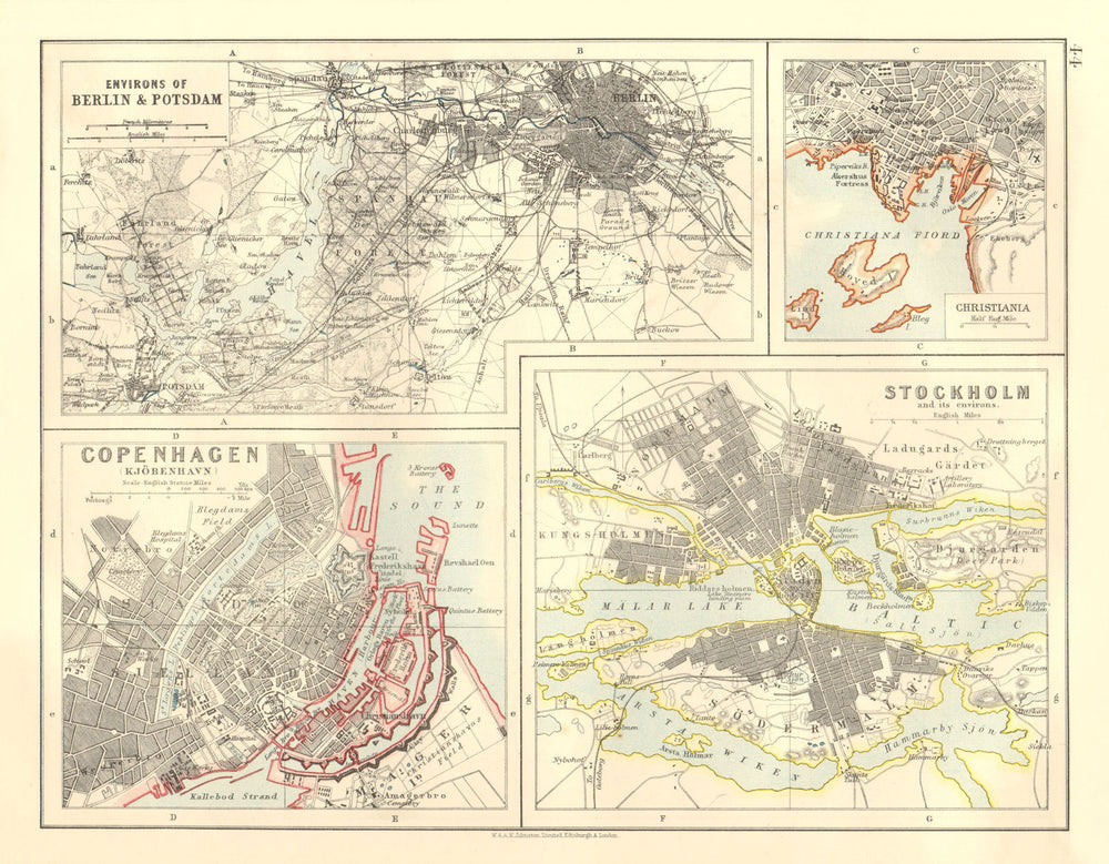 EUROPEAN CITIES. Berlin Copenhagen Stockholm Christiania/Oslo. JOHNSTON 1906 map
