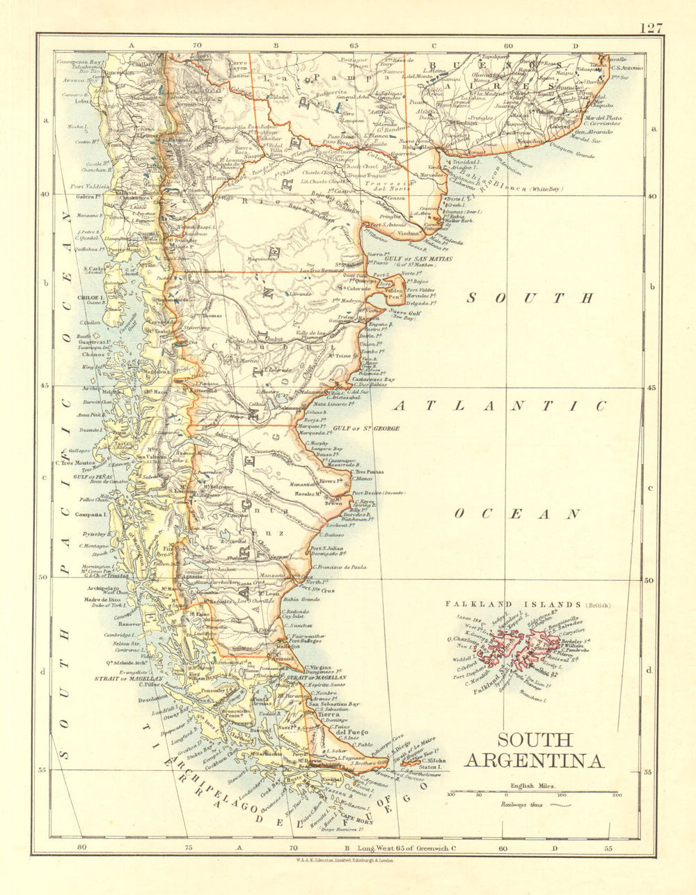 PATAGONIA. Southern Argentina & Chile. Falkland Islands.  JOHNSTON 1906 map