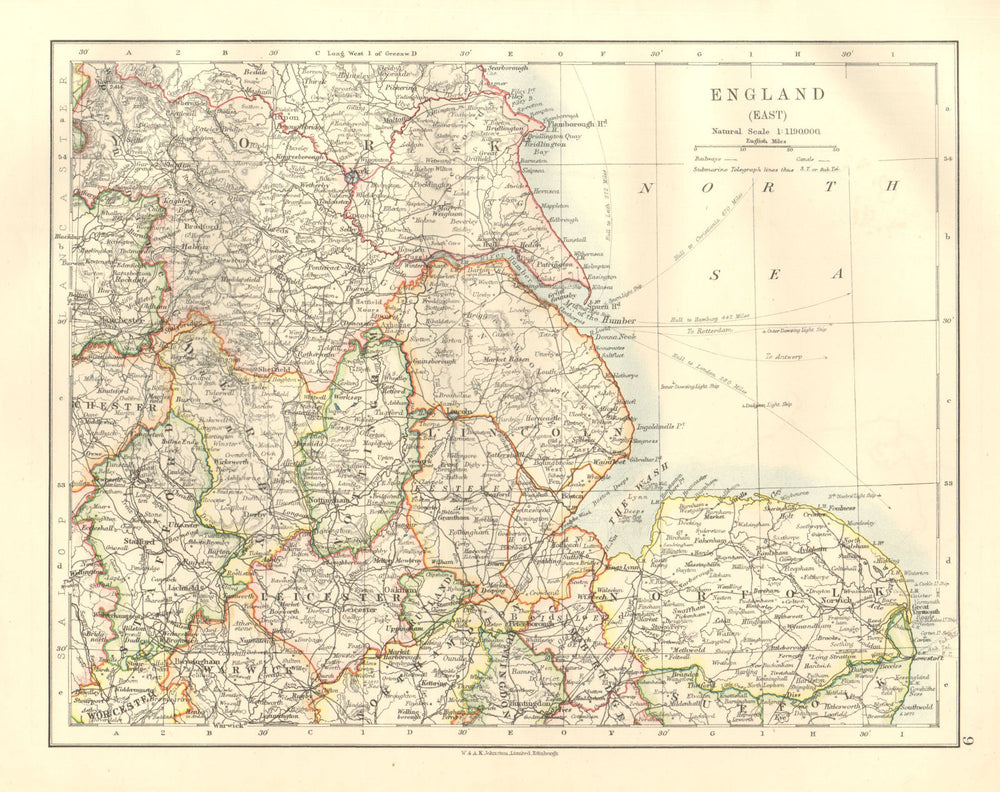 EAST ENGLAND. Lincs Norfolk Leics Notts Staffs Derbys Yorks. JOHNSTON 1920 map