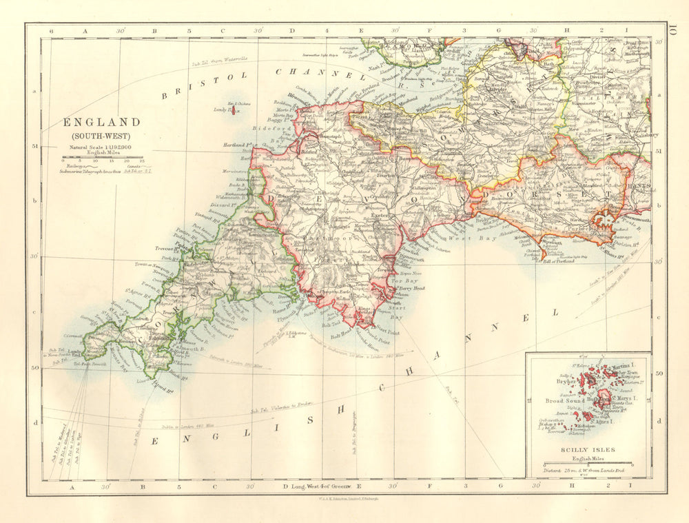 SOUTH WEST ENGLAND.Devon Cornwall Dorset Somerset.Telegraphs. JOHNSTON 1920 map