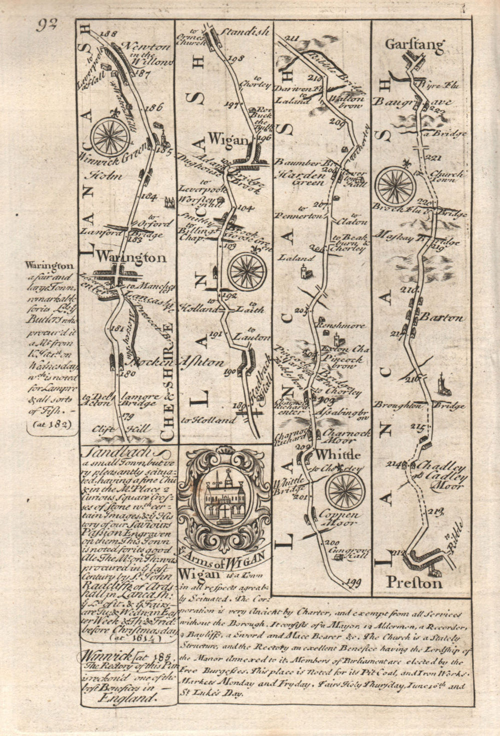 Warrington-Wigan-Whittle-Preston-Barton-Garstang road map by OWEN & BOWEN 1753