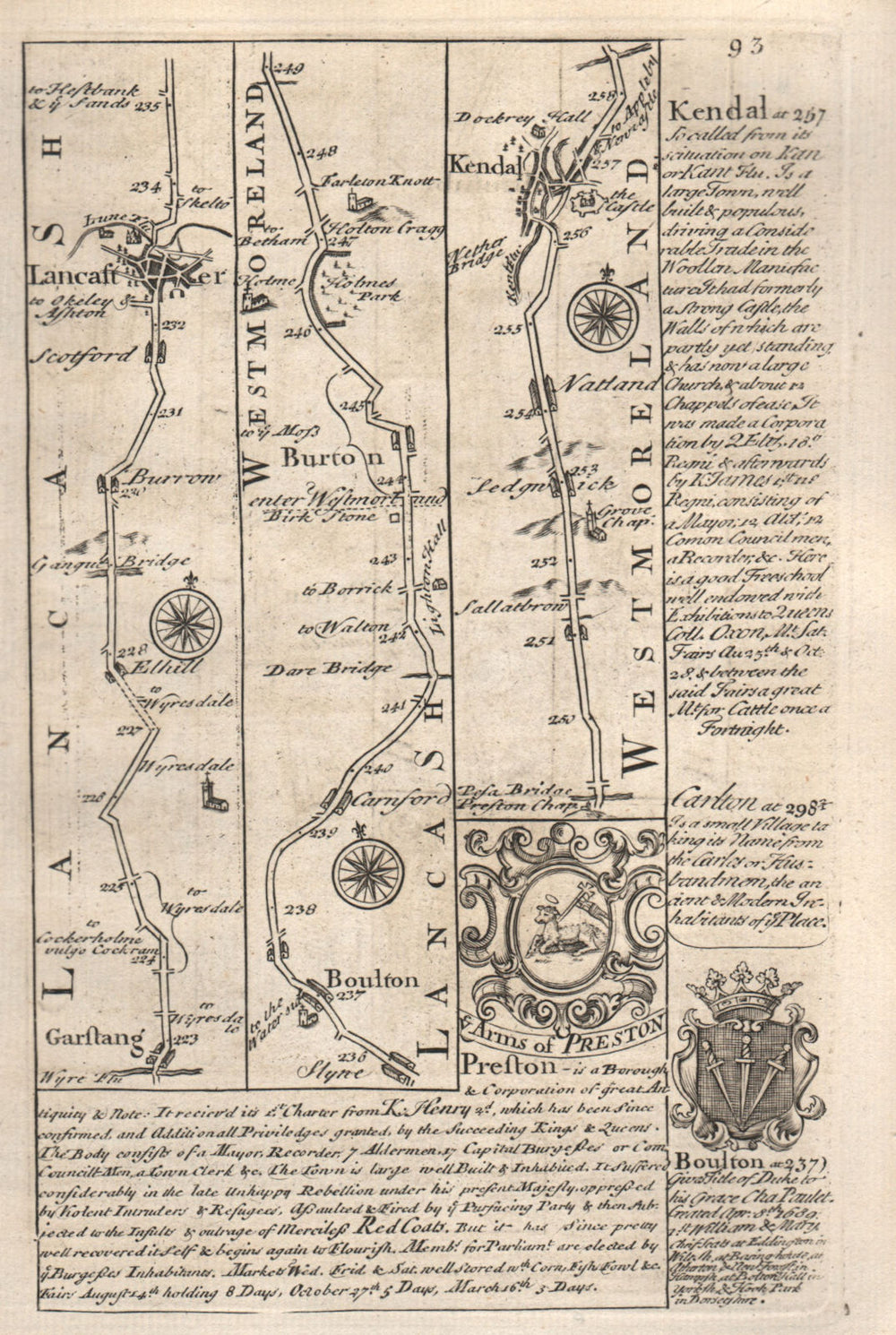 Garstang-Lancaster-Bolton le Sands-Natland-Kendal road map by OWEN & BOWEN 1753