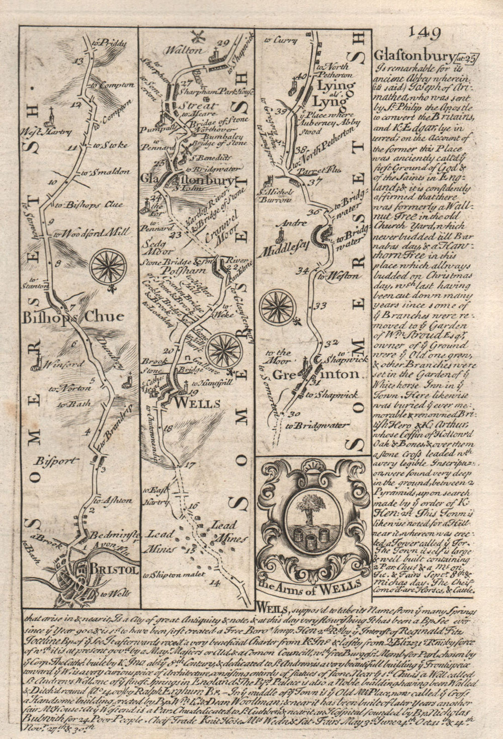 Bristol-Wells-Glastonbury-Walton-Greinton-Lyng road map by OWEN & BOWEN 1753