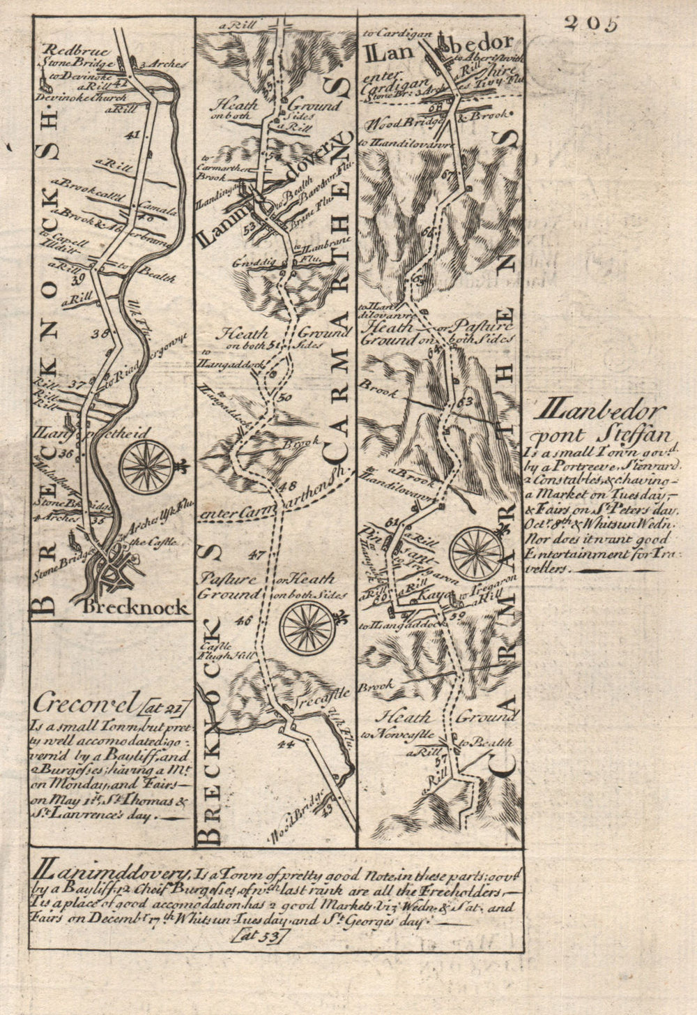 Brecon-Llandovery-Llanybydder road strip map by J. OWEN & E. BOWEN 1753